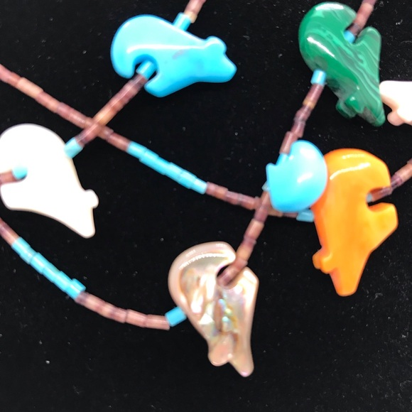 Sterling Native Zuni Hand Carved Stone Heishi Fetish Bear Double Strand Necklace - Picture 2 of 15